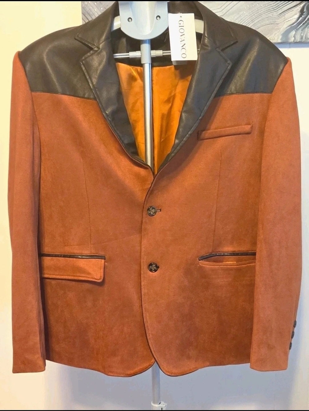Giovanco Men's Leather Blazer Jacket L Brown/Black 2-Button Notch Inner Pockets